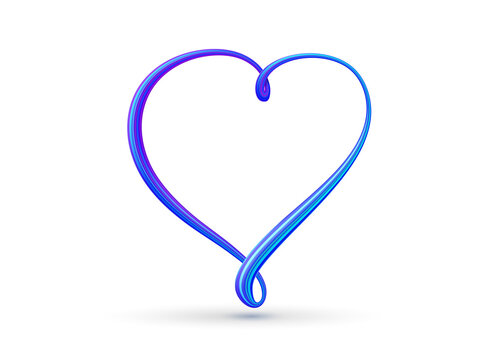 Blue heart shaped frame for your text or object. 3d volumetric neon striped heart with shadow on an isolated background.
