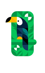Toucan flat illustration with simple minimalistic geometric shapes. Colorful vector abstract mosaic. Isolated tropical bird template from square, rectangle, circle. Jungle toucan