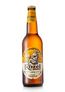 LONDON,UK - JUNE 21, 2022: Bottle of Kozel premium lager beer on white background.