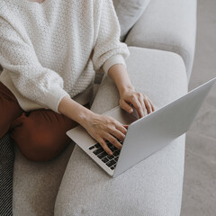 Person, businesswoman using laptop computer. Shopping online, branding online store, sending...