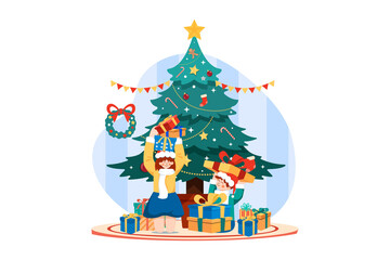 Happy Kid With Christmas Gifts Illustration concept. Flat illustration isolated on white background