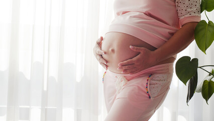 Pregnant woman expecting a baby. Adult pregnant woman feeling happy at home while strokes her child in  a belly. Pregnant woman  near window at home strokes touches her big belly.