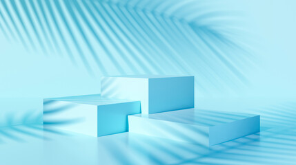 3d rendering of light blue winners podium and background with palm leaf shades for presentation with copy space