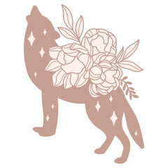 Wildflowers wolf beige silhouette. Celestial mystical florals wild animal vector illustration