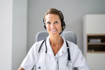 Confident Receptionist Using Headset In Hospital