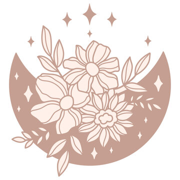 Florals celestial beige moon. Flowers mystical boho moon vector illustration