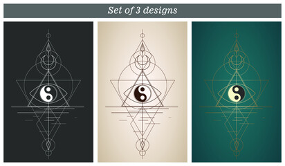 A set of 3 prints for logos, postcards, covers. The Yin Yang sign. Sacred geometry. Energy circle, boho style. Vector.