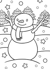 Cute Basic Snowman with Scarf and Snowy, Starry Background Line Art Illustration for Coloring Page
