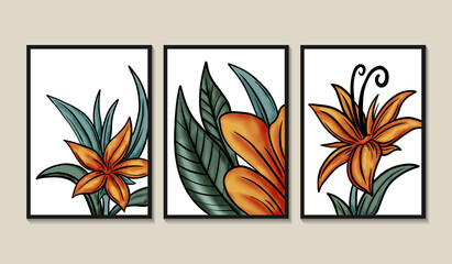 Line art flowers and leaves abstract background set