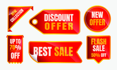 New collection, discount offer, new offer, up to 70% off, best sale, flash sale, Red ribbons, tags and stickers. Vector illustration.