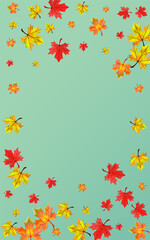 Fototapeta na wymiar Yellow Leaves Background Green Vector. Foliage Abstract Frame. Red Flying Plant. Celebrate Floral Texture.