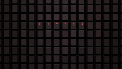 Online Racism Concept Illuminated Orange Keys on a Black Keyboard Grid Wall Spelling the Word Racism 3d illustration render