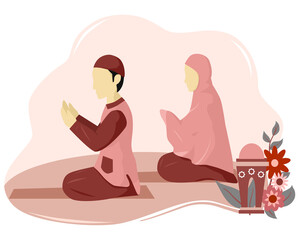 illustration of muslim couple praying together