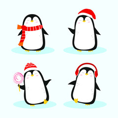 Penguins characters in various illustrations vector