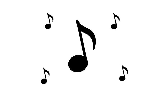 Zoom in and out animation the musical note symbol. Large black symbol in the center and four small symbols around. Seamless looped 4k animation on white background