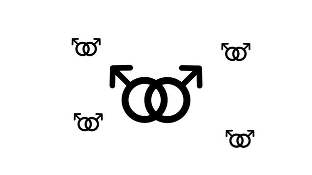Zoom in and out animation the homosexual symbol. Large black symbol in the center and four small symbols around. Seamless looped 4k animation on white background