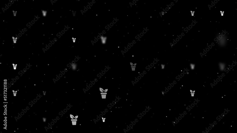 Poster template animation of evenly spaced plant in pot symbols of different sizes and opacity. animation o