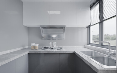 Modern kitchen interior at home with kitchenware.3D illustration