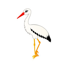 Crane bird isolated on white background in cartoon style, stork stands on one leg, design element, bird