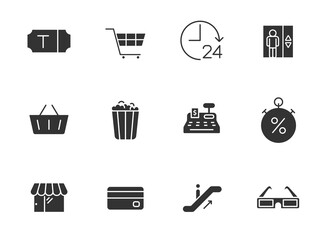 shopping mall glyph icons isolated on white background. shopping mall glyph icon set for web, mobile apps, ui design, print polygraphy and promo advertising business