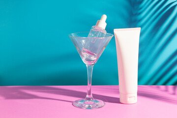 mockup tube bottle for skin care cosmetic, product branding, serum dropper cream lotion treatment with natural flower