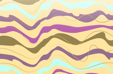 Groovy abstract background with golden brush lines. Liquid drawing effect, concept of psychedelic depressive, distressed state. Vector illustration. Banner, curved stripes. Mixed groovy texture