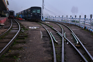 Darjeeling, West Bengal, India - 22 June 2022, Darjeeling Himalayan Railway at Station, Darjeeling Himalayan railway is a UNESCO world heritage site. , Selective focus. - obrazy, fototapety, plakaty