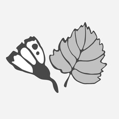 Stylized vector drawing of a white flower, bud with buds on a branch with foliage. Gray leaves. Botany for printing products from fabric, covers, paper, upholstery, curtains.