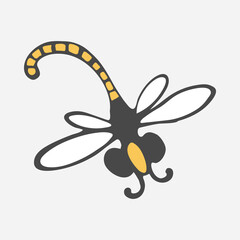 Dragonfly, moth gray contour, yellow abdomen, white wings. Botanical natural vector element isolated on white background. For textile factories, printing and printing on paper