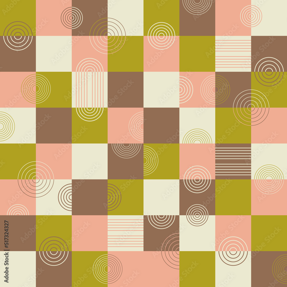 Poster Geometric pattern of squares. There are circles on top of the squares. Composition of squares and striped circles abstract for print and interior.