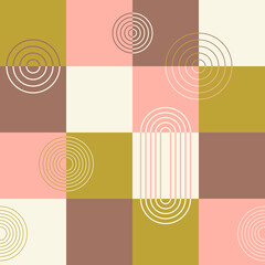 Geometric pattern of squares. Composition of squares and striped circles abstract for print and interior.