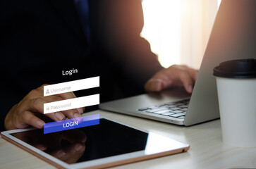 man using login interface on touch screen. user name and password inputs on virtual digital tablet...