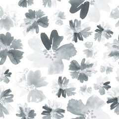 Seamless watercolor floral pattern. Allover abstract botanical print in shades of grey.  - 517325312