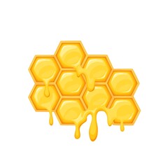 Honeycomb with bee honey, mosaic pattern with hexagon cells, drops flow from frames