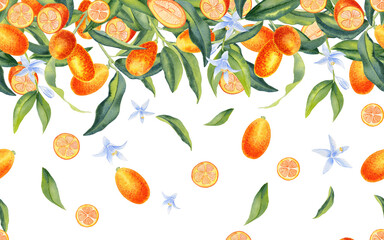Ripe orange kumquat seamless border. Hand drawn watercolor botanical illustration of fresh citrus fruits and pieces. Packaging design and endless summer background. Tropical postcard and invitation.	