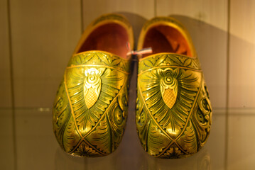 Koog aan de Zaan, the Netherlands. July 2022. Luxuriously decorated wooden shoes on the Zaanse...