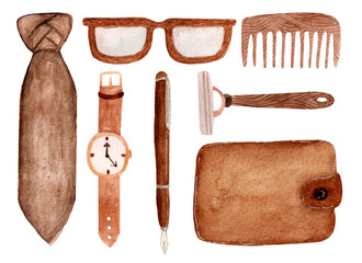 Watercolor collection for dad, wallet, a pen, necktie, razor, glasses, watch on a white background for father's day etc.