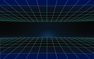 blue and gradient retro-futuristic 80's glowing synthwave cyberpunk grid background with copy space, vector illustration