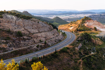 Fototapeta na wymiar Aerial view of highway through mountains in Rioja Region of Spain