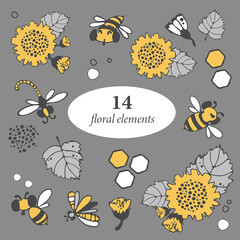 Stylized vector objects single elements on the theme: sunflowers with large flowers and buds on a branch, diverse foliage. yellow and gray leaves, bees, honeycombs, honey, hank and dragonfly.