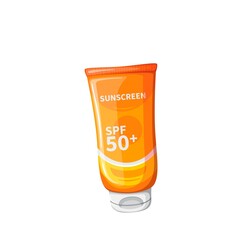 Sunscreen tube, isolated sunblock cream or lotion for suntan in orange plastic container