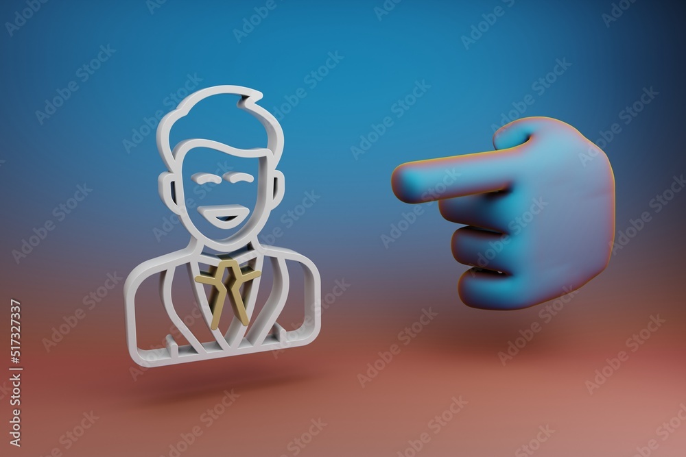 Poster Beautiful illustrations abstract Hand index finger points to Groom symbol icon on a multicolor bright background. 3d rendering illustration. Background pattern for design.