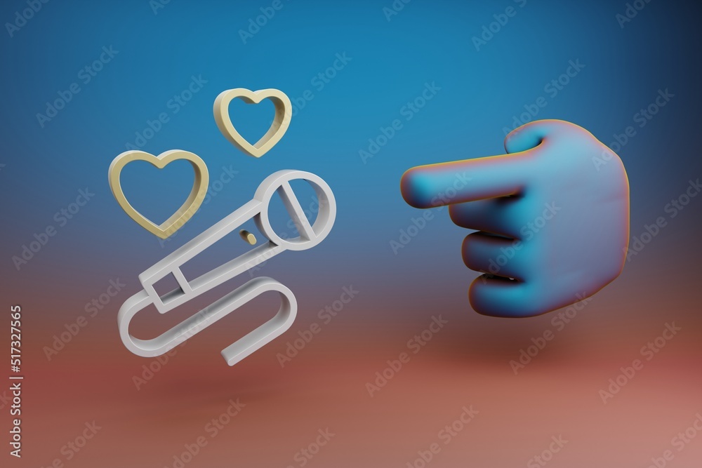 Poster Beautiful illustrations abstract Hand index finger points to Microphone with heart symbol icon on a multicolor bright background. 3d rendering illustration. Background pattern for design.