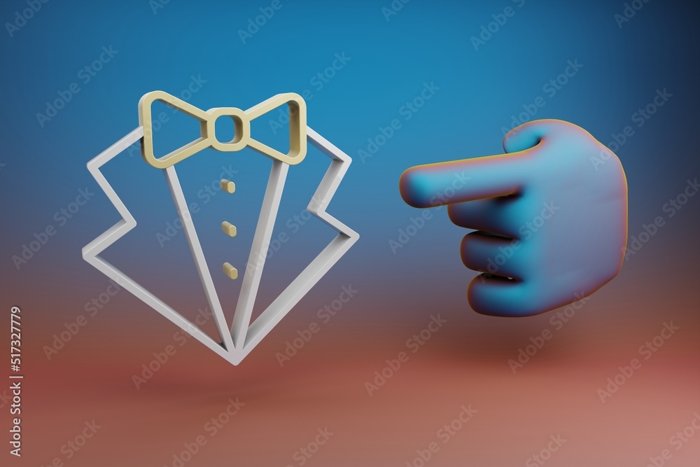 Poster Beautiful illustrations abstract Hand index finger points to Tuxedo symbol icon on a multicolor bright background. 3d rendering illustration. Background pattern for design.