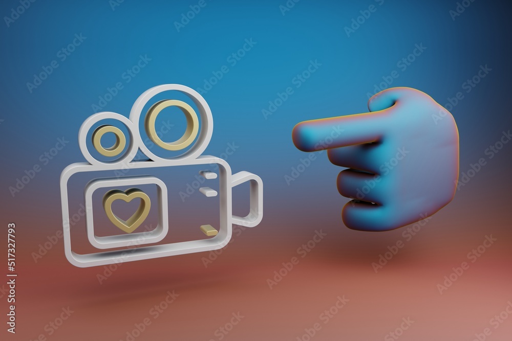 Leinwandbilder Beautiful illustrations abstract Hand index finger points to Video Camera with heart symbol icon on a multicolor bright background. 3d rendering illustration. Background pattern for design.