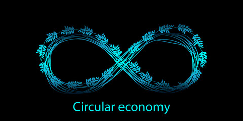 Concept of unlimited technology, circular economy with infinity loop and abstract blue green leaves on dark background. Infinity symbol by wavy lines blue light isolated on black background.