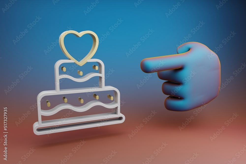 Poster Beautiful illustrations abstract Hand index finger points to Wedding Cake with heart symbol icon on a multicolor bright background. 3d rendering illustration. Background pattern for design.