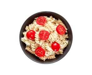 Fusilli pasta cooked with tomatoes, in bowl, isolated on white background with clipping path