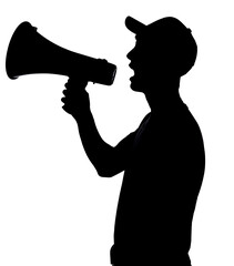 Silhouette man with megaphone on white background.