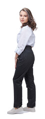 office worker young lady in full-length trousers and white blouse, isolate